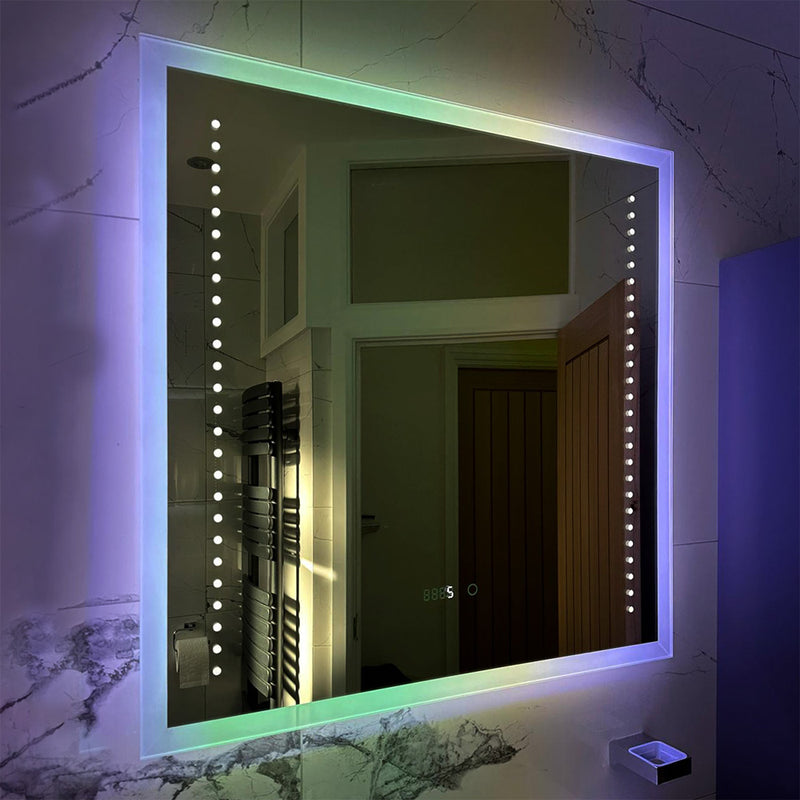 Edge-lit mirror with independent dot-style LED, digital clock & RGB backlighting