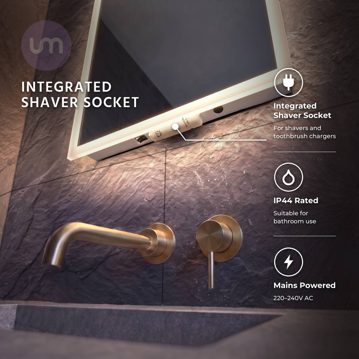 Cara Edge 400 x 600 mm edge-lit LED mirror – integrated shaver socket and rocker switch underneath
