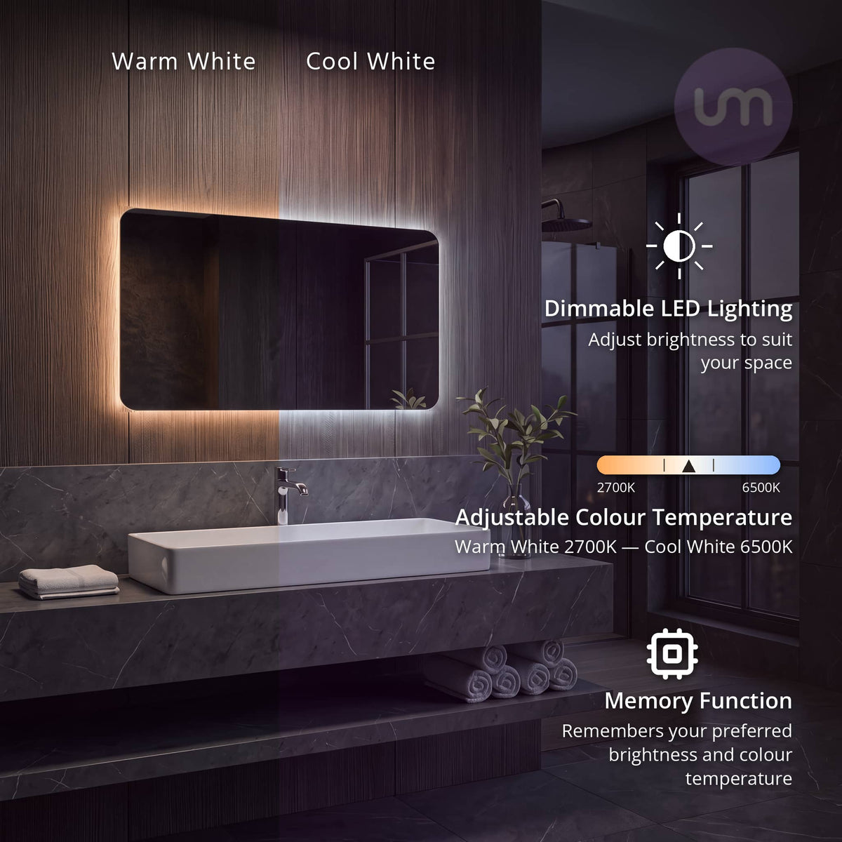 Eson 1000 x 600 mm backlit LED mirror – colour changing 2700K to 6500K, dimmable with memory