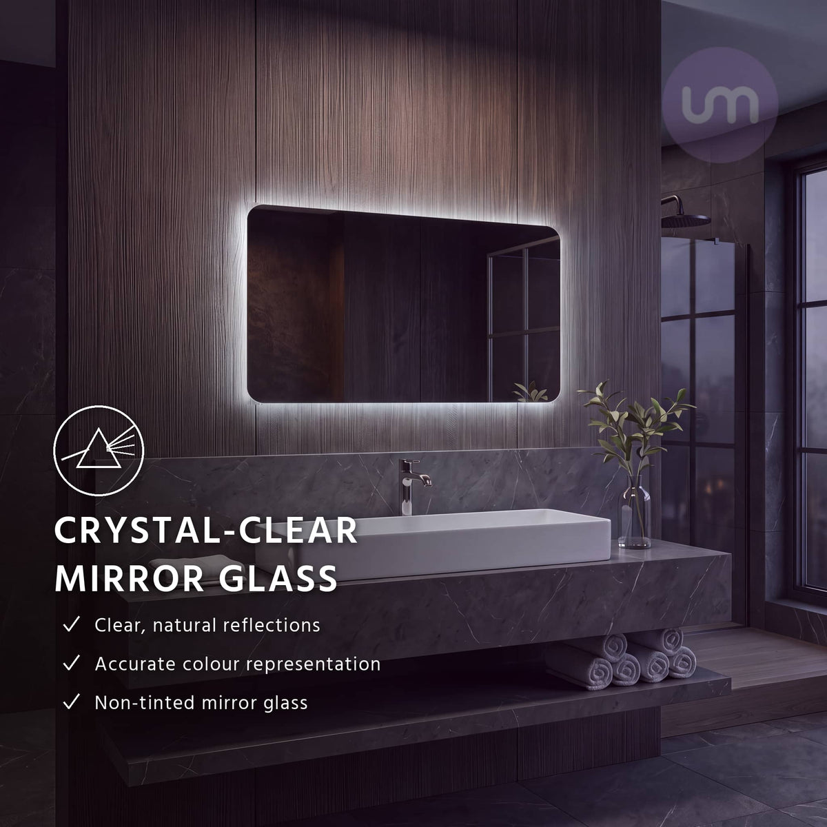 Eson 1000 x 600 mm backlit LED mirror – crystal-clear non-tinted mirror glass