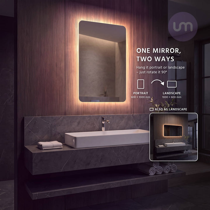 Eson 1000 x 600 mm backlit LED mirror – hang portrait or landscape
