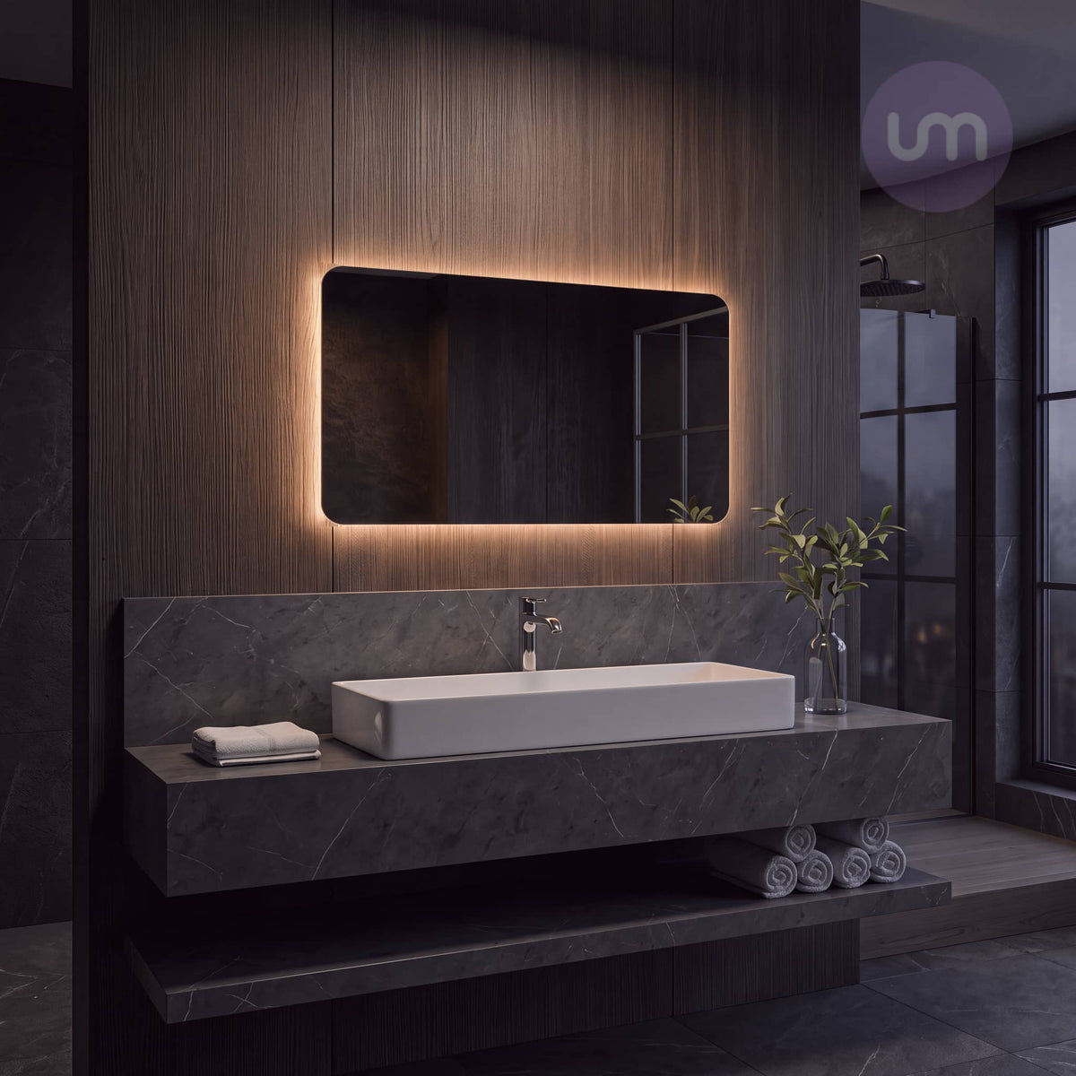Eson 1000 x 600 mm backlit LED mirror – warm white 2700K glow in a dark oak and marble bathroom with floating vanity