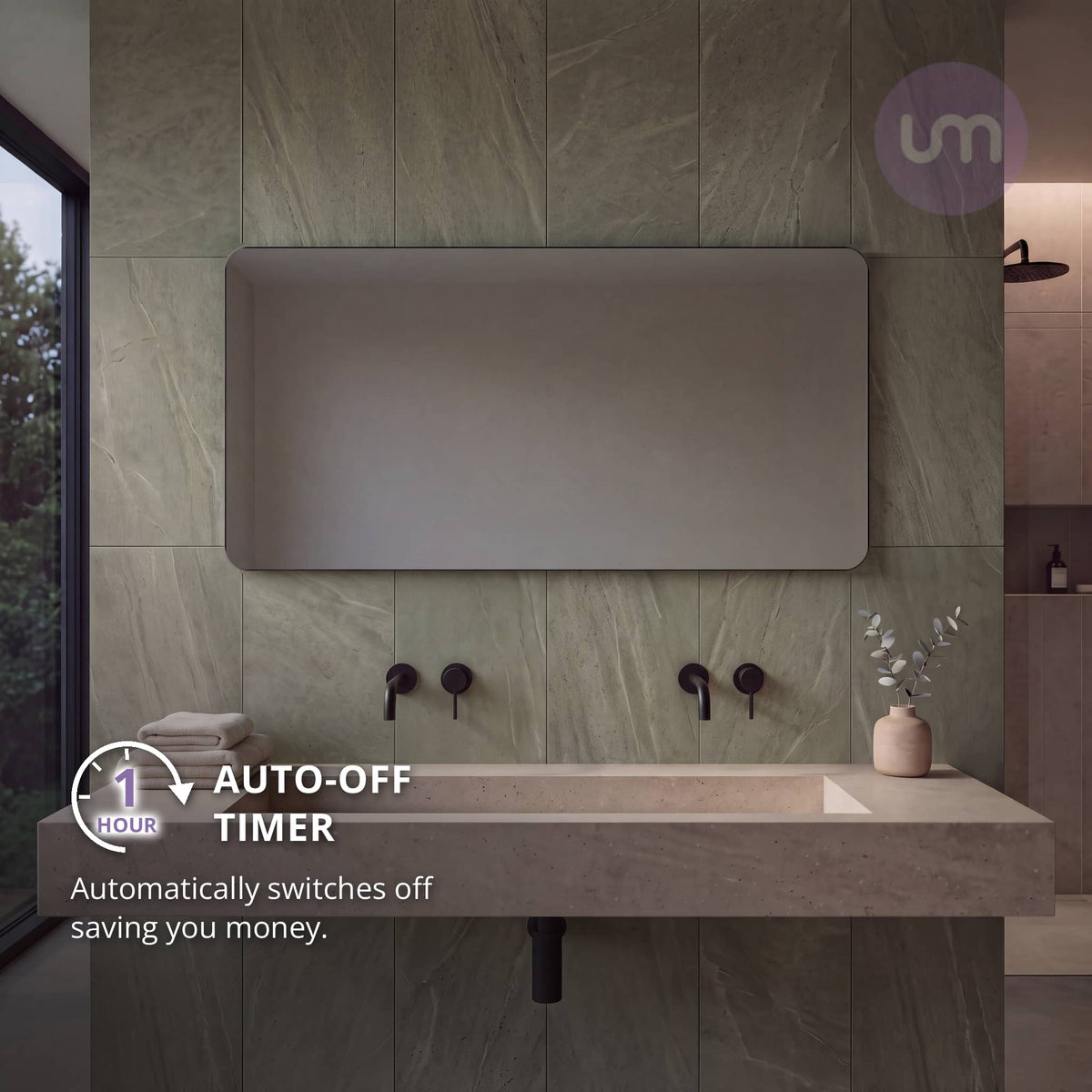 Eson 1200 x 600 mm backlit LED mirror – 1-hour auto-off timer