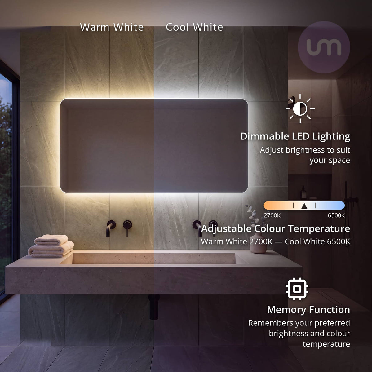 Eson 1200 x 600 mm backlit LED mirror – colour changing 2700K to 6500K, dimmable with memory