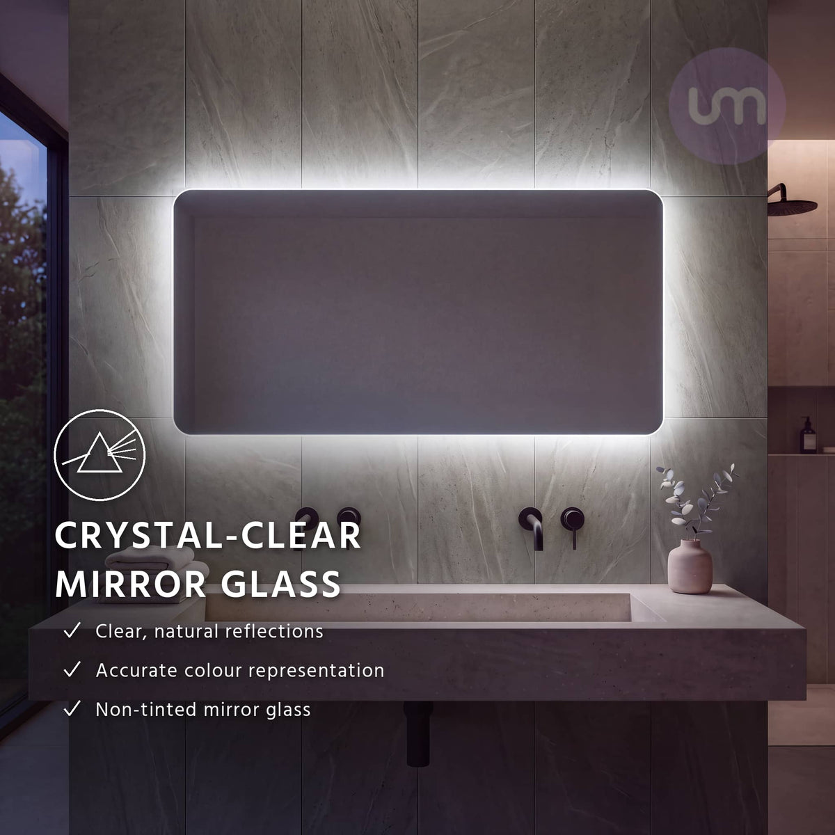 Eson 1200 x 600 mm backlit LED mirror – crystal-clear non-tinted mirror glass