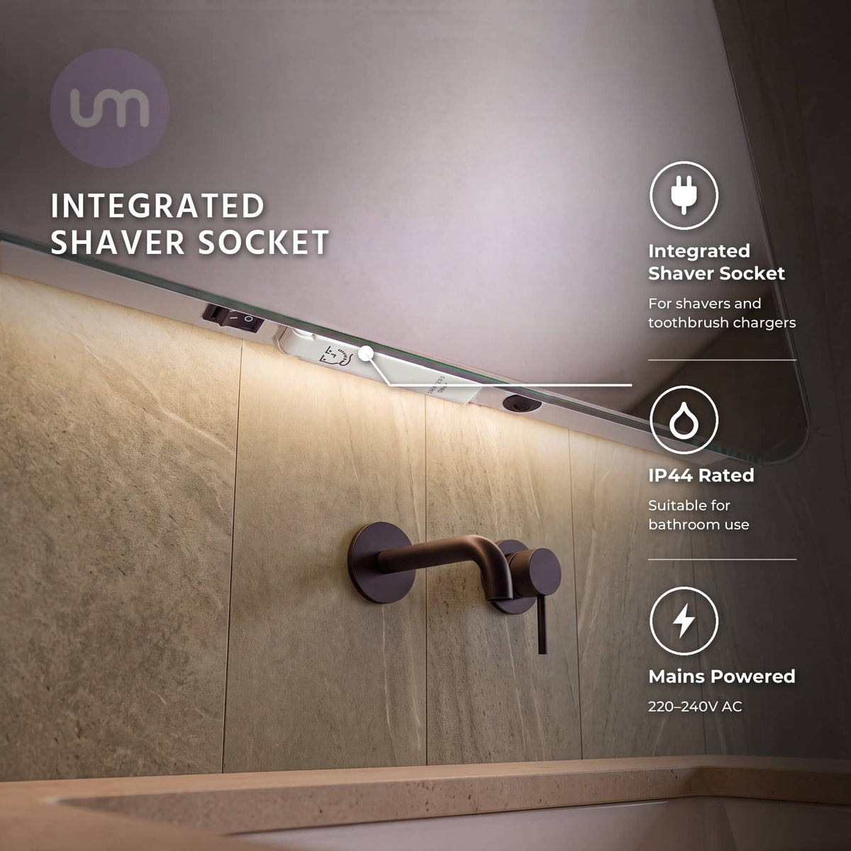 Eson 1200 x 600 mm backlit LED mirror – integrated shaver socket and rocker switch