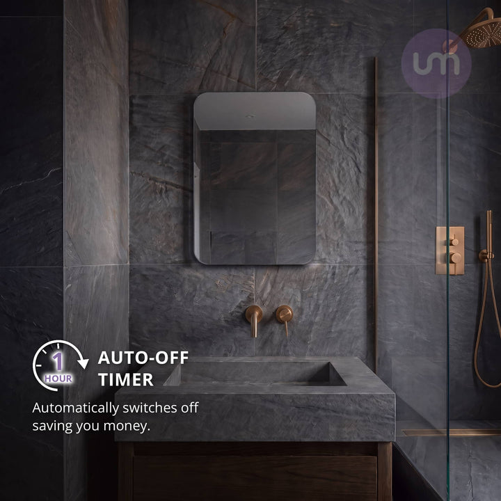 Eson 400 x 600 mm backlit LED mirror – 1-hour auto-off timer, shown with the lights off
