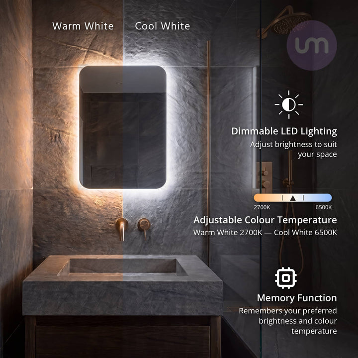 Eson 400 x 600 mm backlit LED mirror – warm and cool white split view, adjustable 2700K–6500K, dimmable