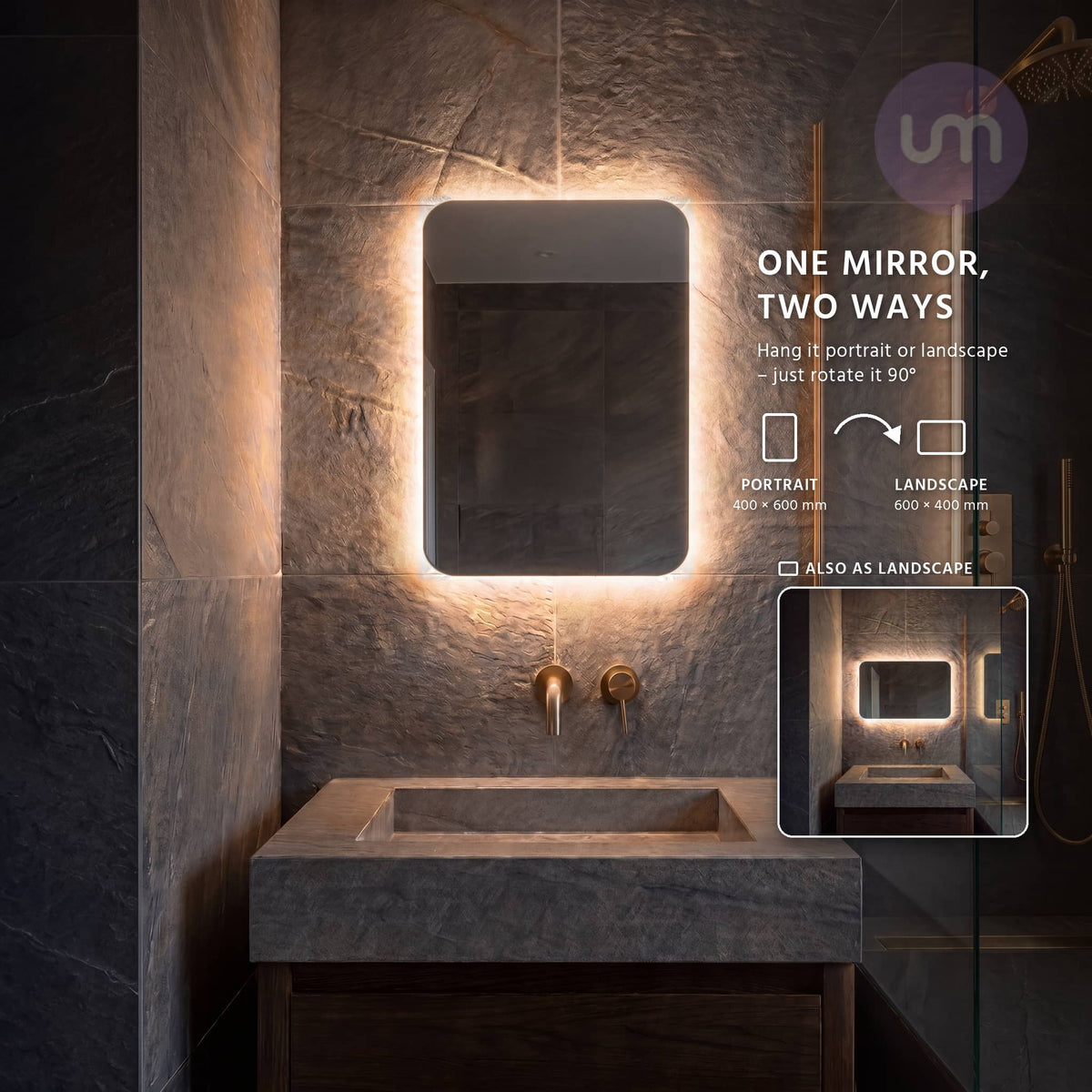 Eson 400 x 600 mm backlit LED mirror – hang it 400 x 600 mm portrait or 600 x 400 mm landscape