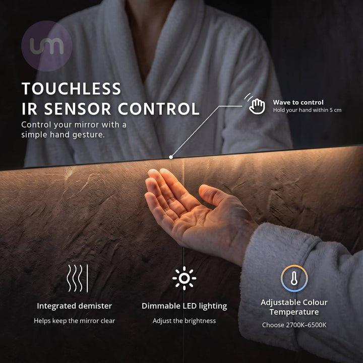Eson 400 x 600 mm backlit LED mirror – hand under the mirror using the touchless IR sensor