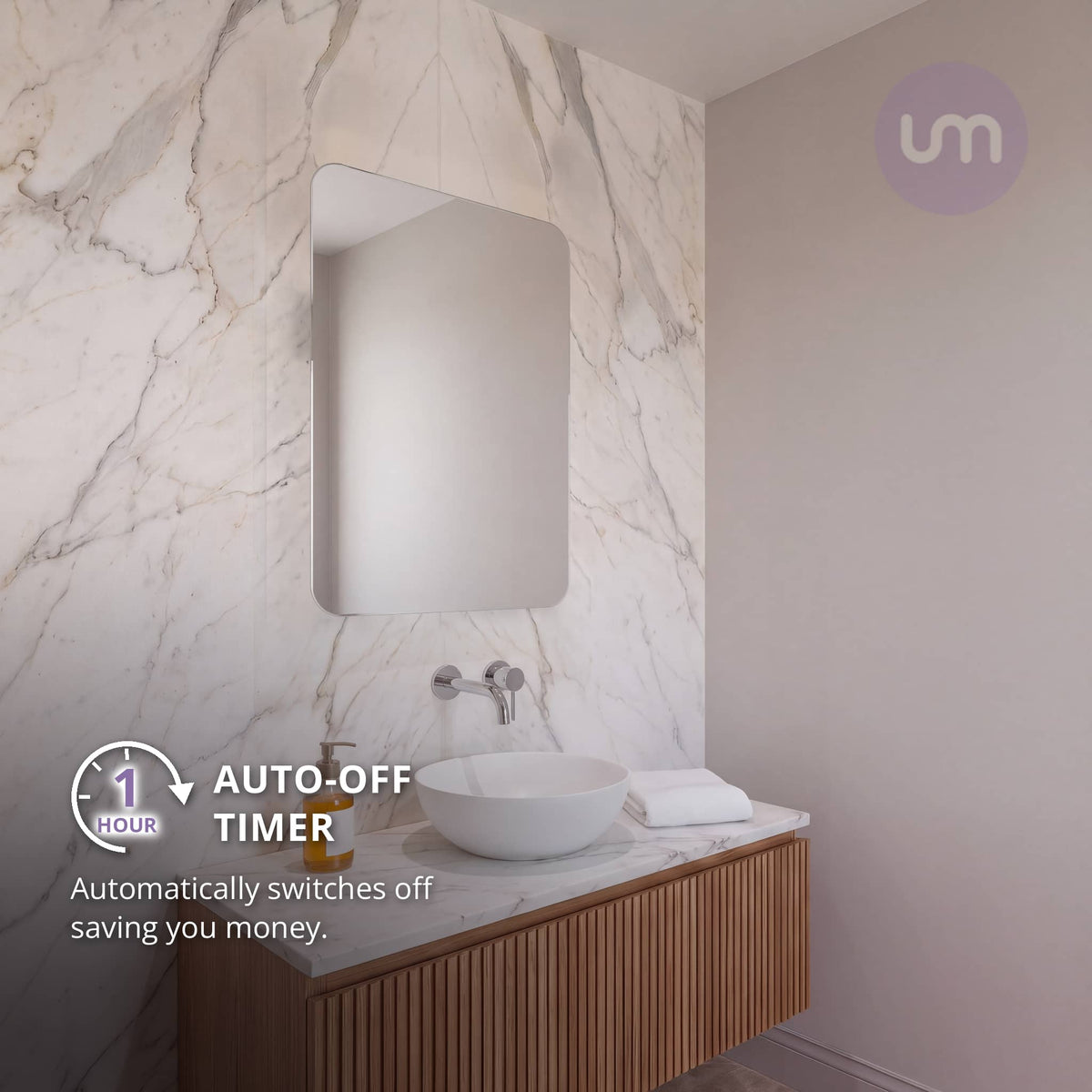 Eson 500 x 700 mm backlit LED mirror – 1-hour auto-off timer, shown with the lights off