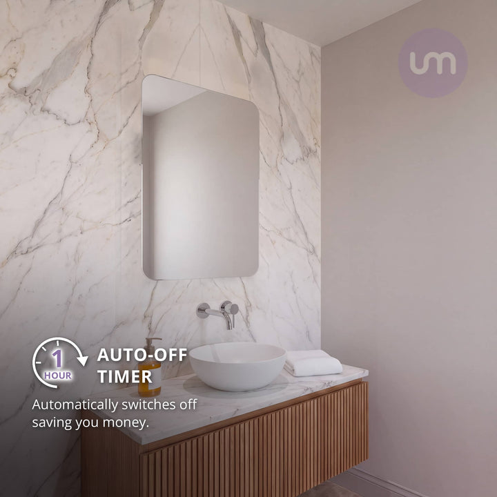 Eson 500 x 700 mm backlit LED mirror – 1-hour auto-off timer, shown with the lights off