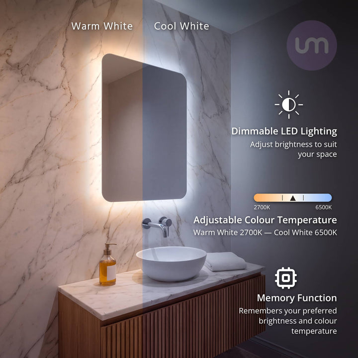 Eson 500 x 700 mm backlit LED mirror – warm and cool white split view, adjustable 2700K–6500K, dimmable
