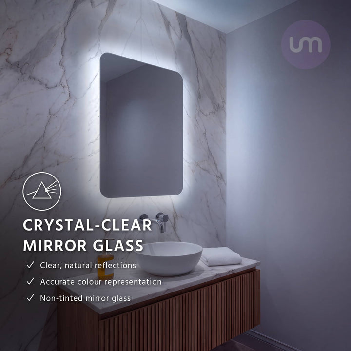 Eson 500 x 700 mm backlit LED mirror – crystal-clear, non-tinted copper-free mirror glass