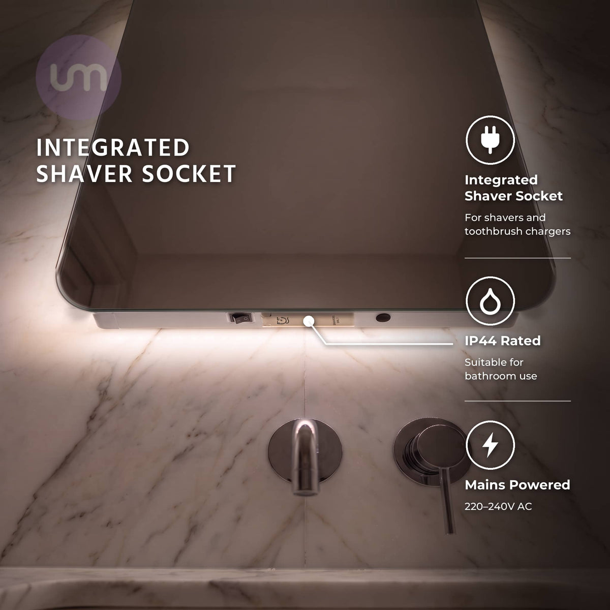 Eson 500 x 700 mm backlit LED mirror – integrated shaver socket, rocker switch and IR sensor underneath