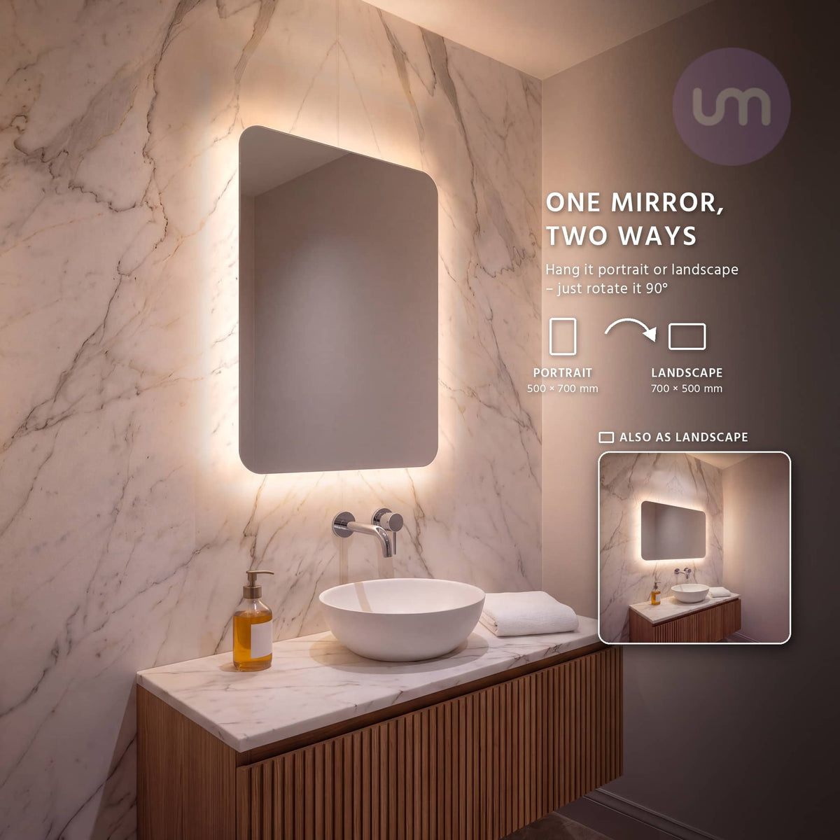 Eson 500 x 700 mm backlit LED mirror – hang it 500 x 700 mm portrait or 700 x 500 mm landscape