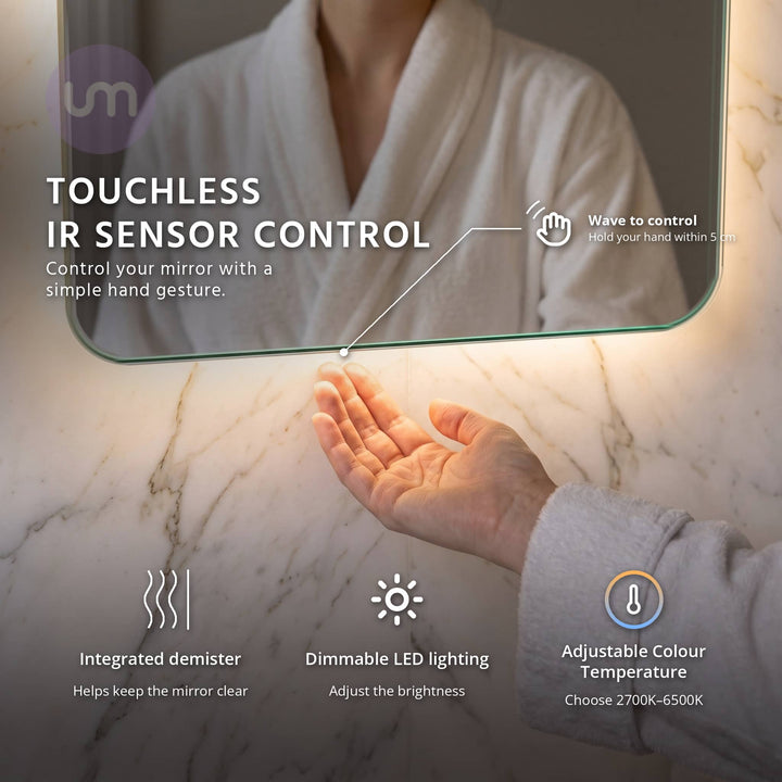 Eson 500 x 700 mm backlit LED mirror – hand under the mirror using the touchless IR sensor