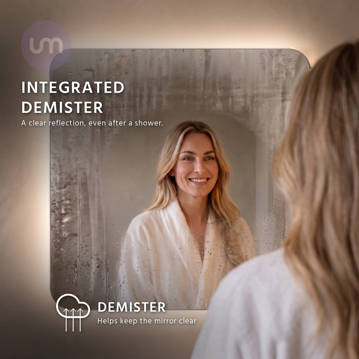 Eson 600 x 600 mm backlit LED mirror – anti-fog demister keeping the centre clear after a shower