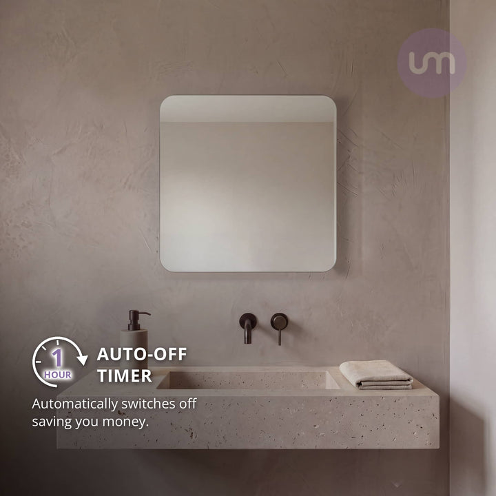 Eson 600 x 600 mm backlit LED mirror – 1-hour auto-off timer, shown with the lights off