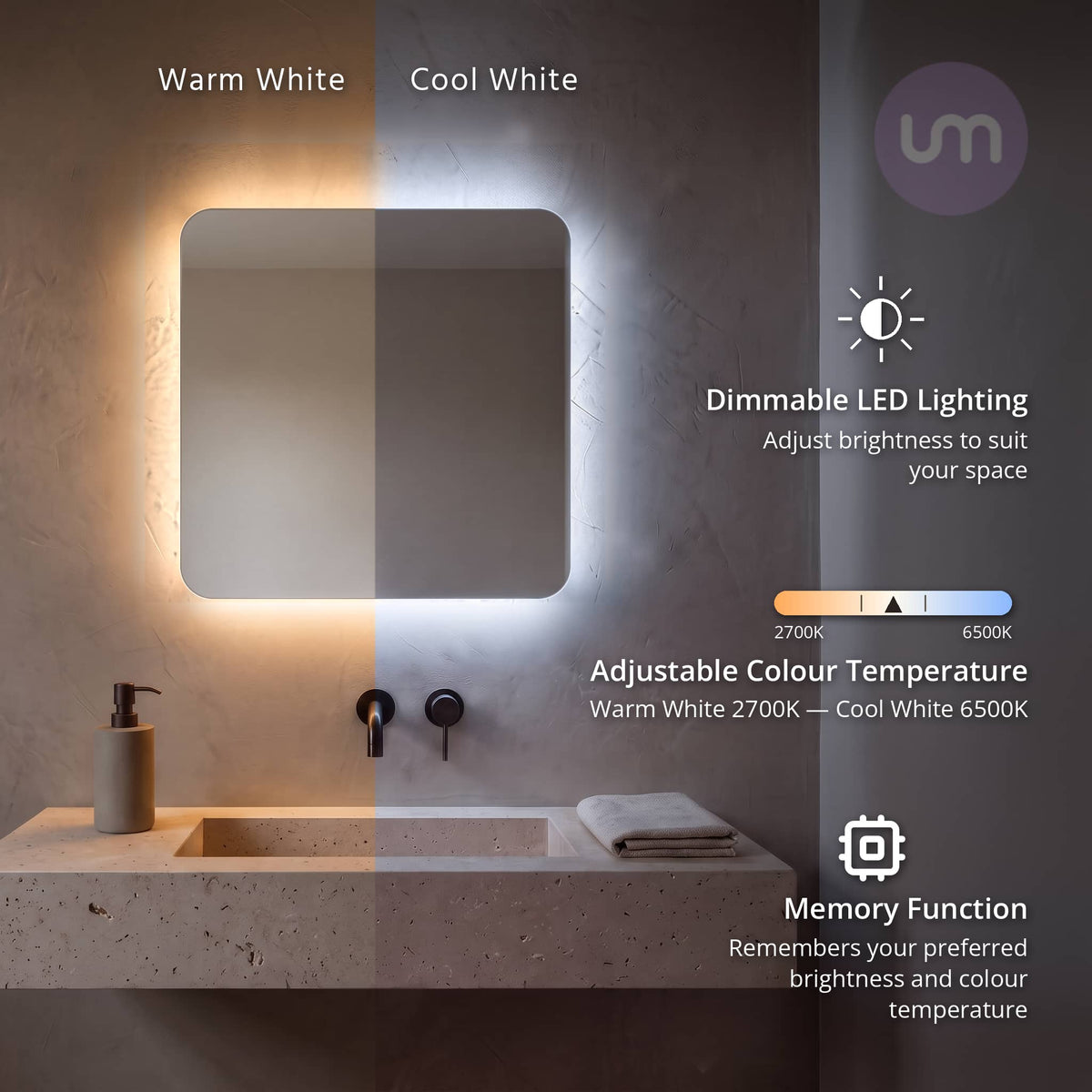 Eson 600 x 600 mm backlit LED mirror – warm and cool white split view, adjustable 2700K–6500K, dimmable