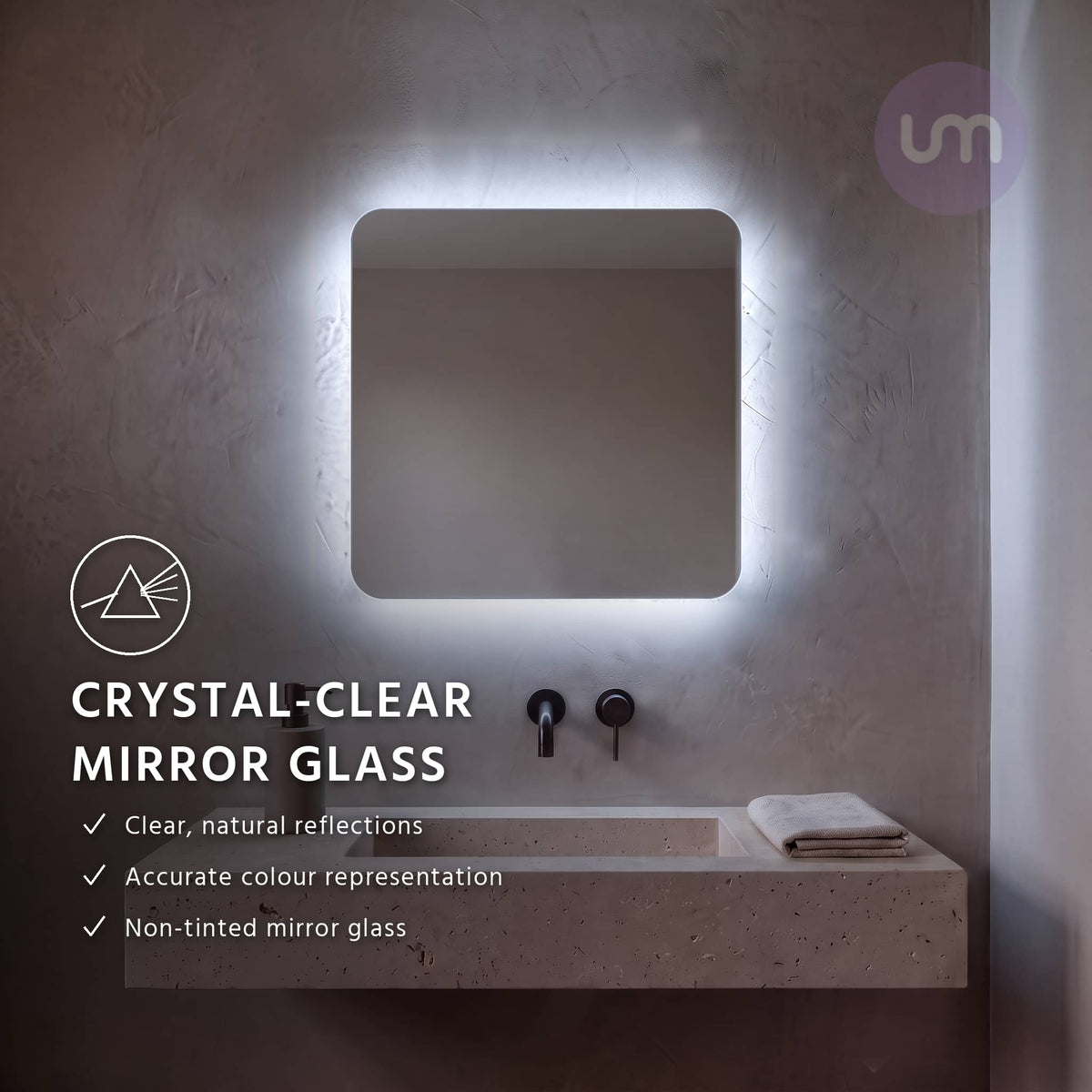 Eson 600 x 600 mm backlit LED mirror – crystal-clear, non-tinted copper-free mirror glass