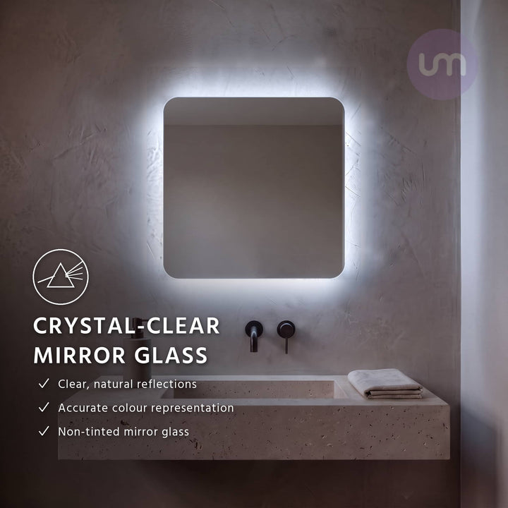 Eson 600 x 600 mm backlit LED mirror – crystal-clear, non-tinted copper-free mirror glass