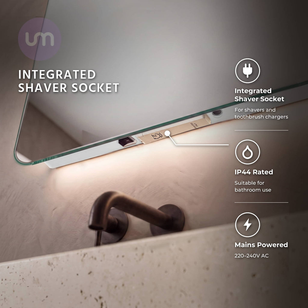 Eson 600 x 600 mm backlit LED mirror – integrated shaver socket, rocker switch and IR sensor underneath