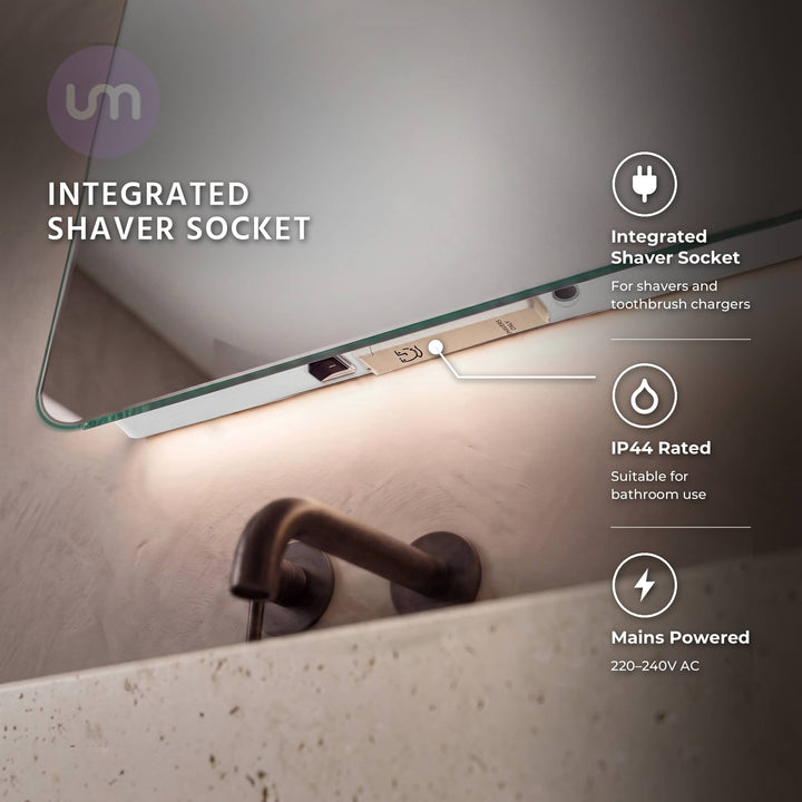 Eson 600 x 600 mm backlit LED mirror – integrated shaver socket, rocker switch and IR sensor underneath