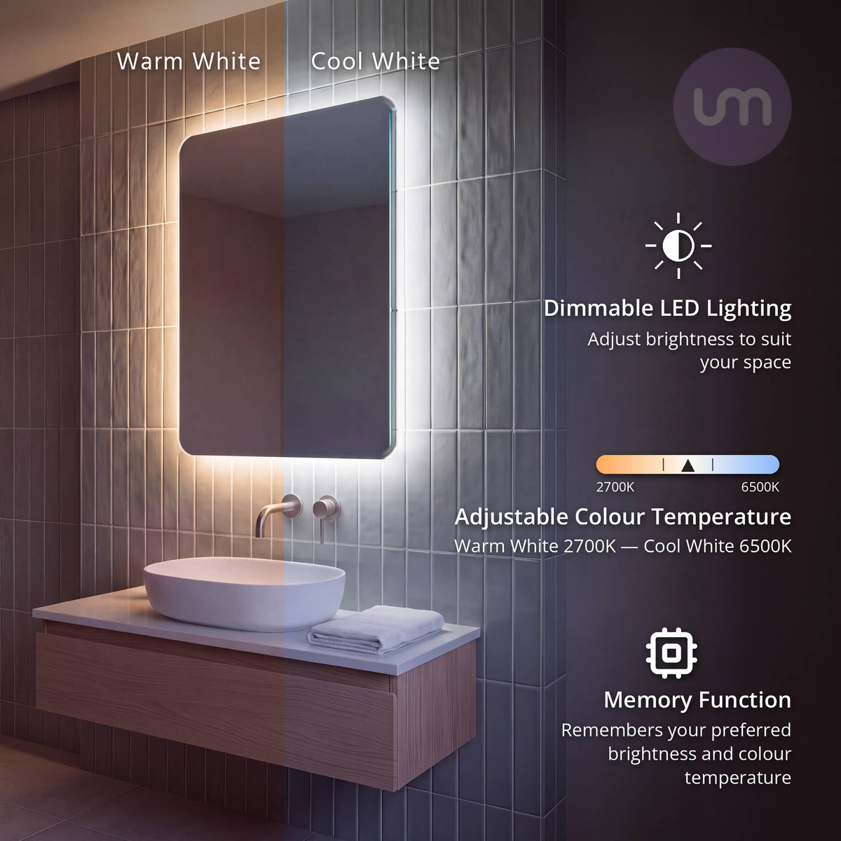 Eson 600 x 800 mm backlit LED mirror – colour changing 2700K to 6500K, dimmable with memory