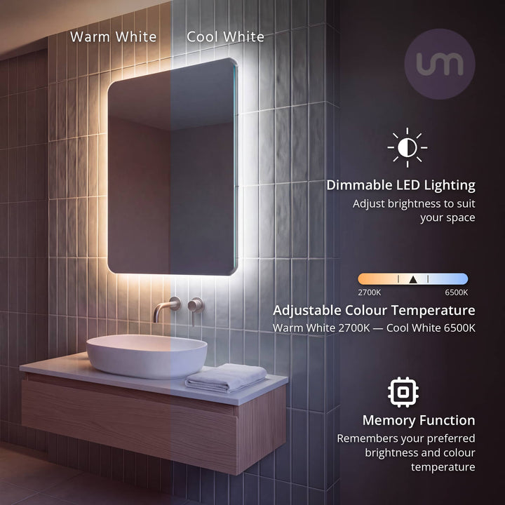 Eson 600 x 800 mm backlit LED mirror – colour changing 2700K to 6500K, dimmable with memory