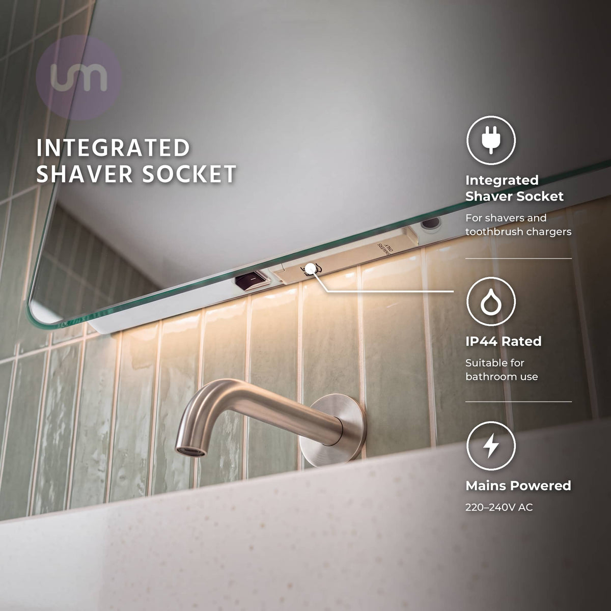 Eson 600 x 800 mm backlit LED mirror – integrated shaver socket and rocker switch
