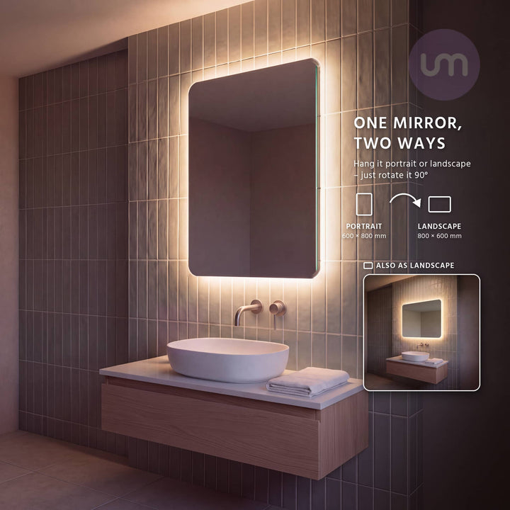 Eson 600 x 800 mm backlit LED mirror – hang portrait or landscape