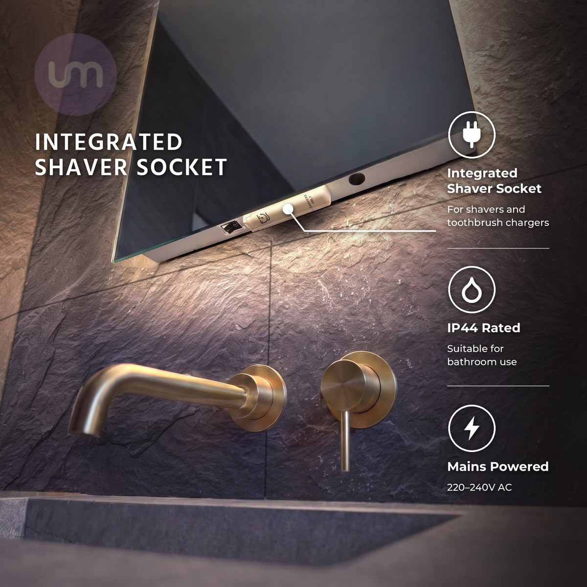 Tempus 400 x 600 mm backlit LED mirror – integrated shaver socket, rocker switch and IR sensor underneath